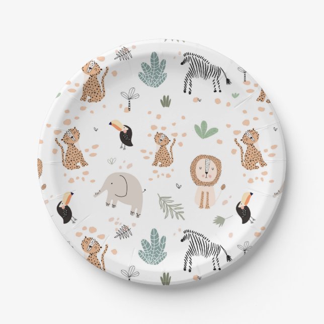 Cute Jungle Rainforest Animals Pattern Paper Plates (Front)