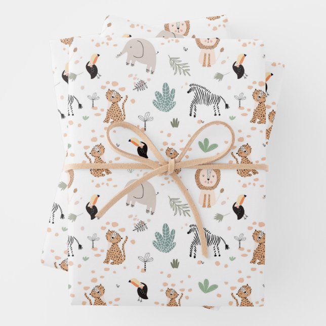 Cute Jungle Rainforest Animals Pattern Wrapping Paper Sheets (In situ)