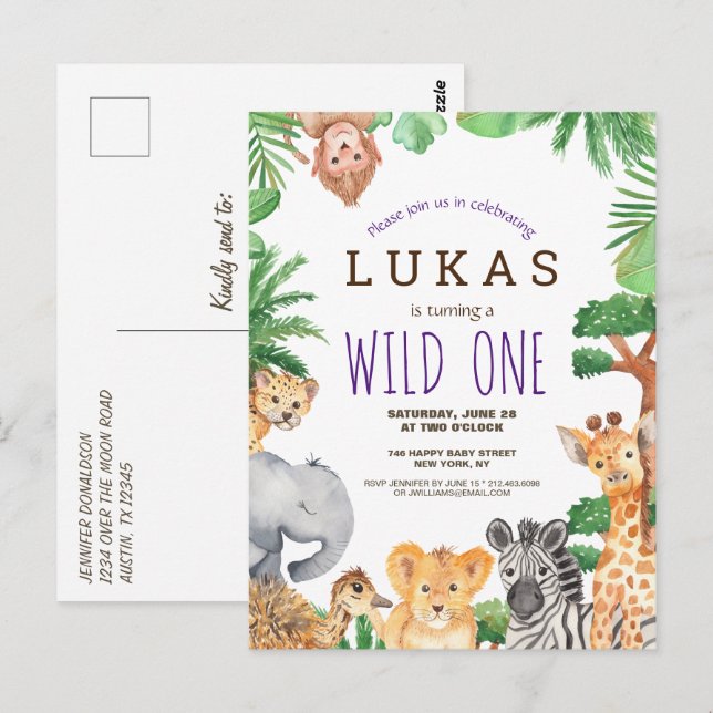 Cute Jungle Safari 1st Birthday Invitation Postcard (Front/Back)