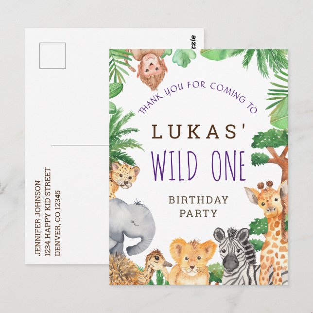 Cute Jungle Safari 1st Birthday Party Thank You Postcard (Front/Back)