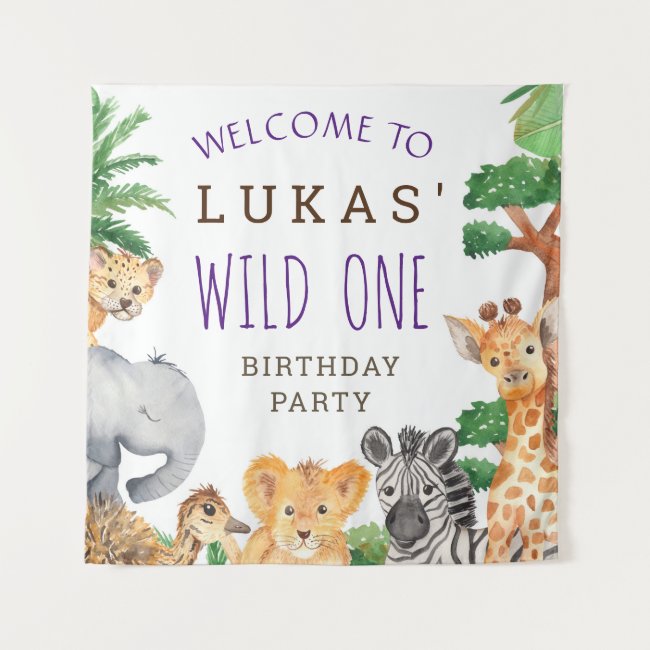 Cute Jungle Safari 1st Birthday Party Welcome Tapestry
