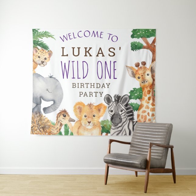 Cute Jungle Safari 1st Birthday Party Welcome Tapestry (In Situ (Horizontal))
