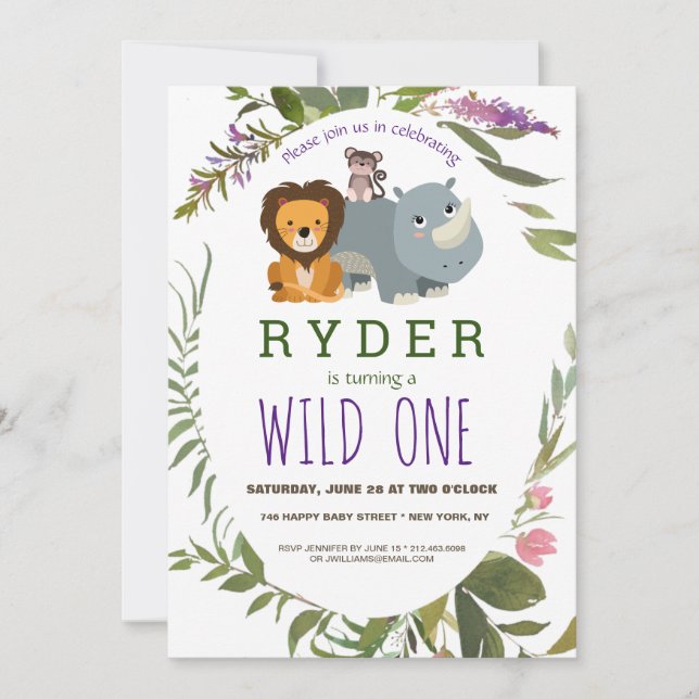 Cute Jungle Safari Animal 1st Birthday Party Invitation (Front)