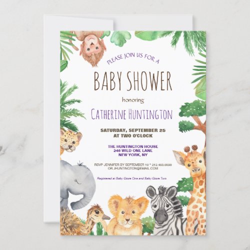 Cute Jungle Safari Animal Baby Shower Invitation