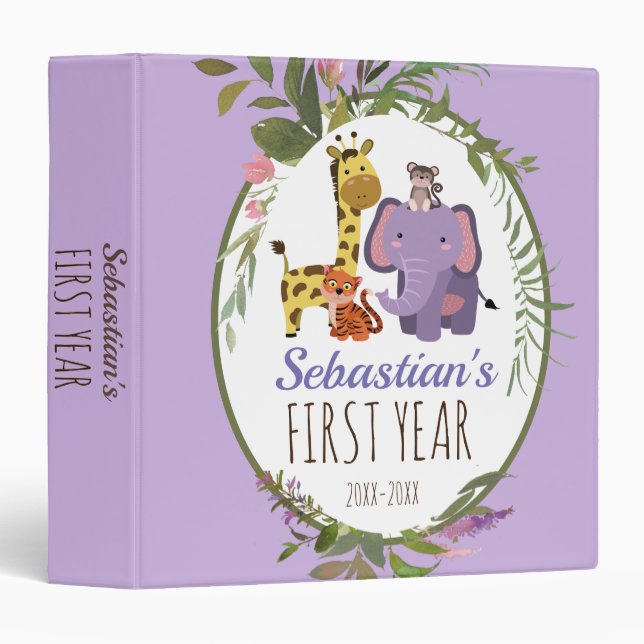 Cute Jungle Safari Animal Baby's First Year 3 Ring Binder (Front/Spine)