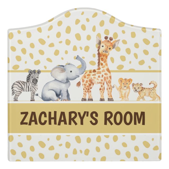 Cute Jungle Safari Animal Kids Room Door Sign (Large Crest Front)