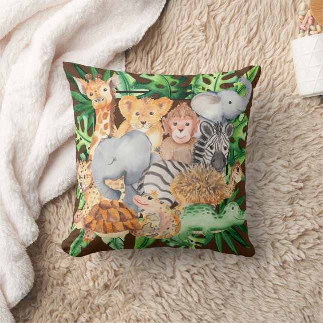 Cute Jungle Safari Animal Personalized Throw Pillow (Blanket)