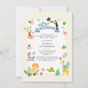 Cute Jungle Safari Animals 1st Birthday Invitation