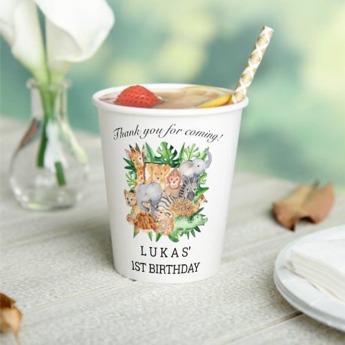 Cute Jungle Safari Animals 1st Birthday Party Paper Cups