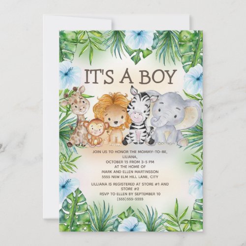 Cute Jungle Safari Animals Baby Boy Shower Invitation