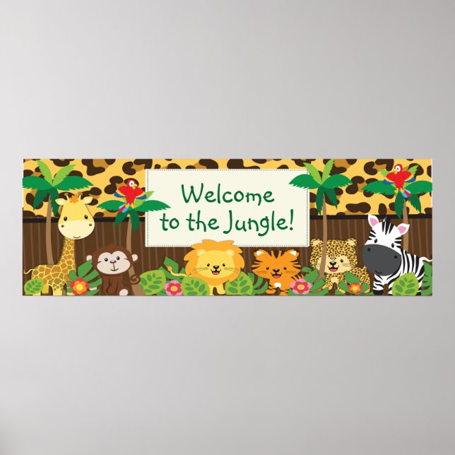 Cute Jungle Safari Animals Baby Shower Banner Poster (Front)