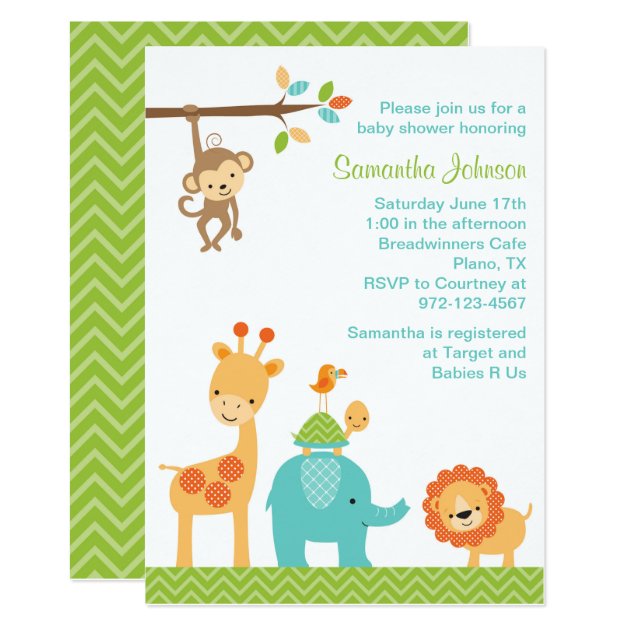 Cute Jungle Safari Animals Baby Shower Invitation