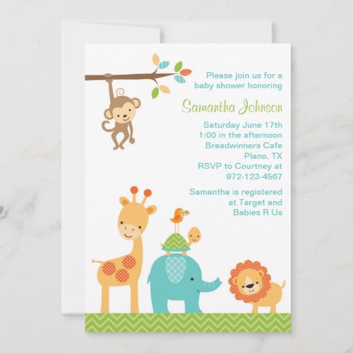 Cute Jungle Safari Animals Baby Shower Invitation Personalized Announcements
