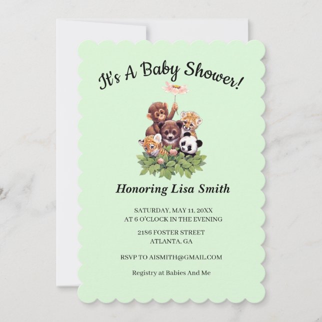 Cute Jungle Safari Animals Baby Shower Invitation (Front)