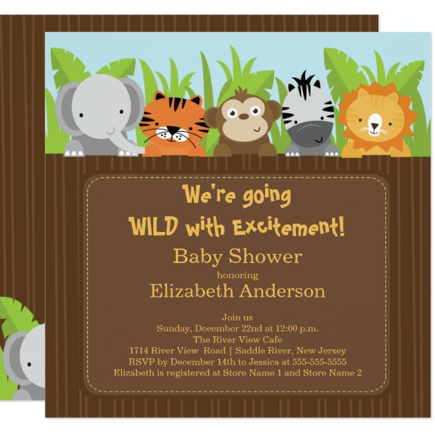 Cute Jungle Safari Animals Baby Shower Invitations