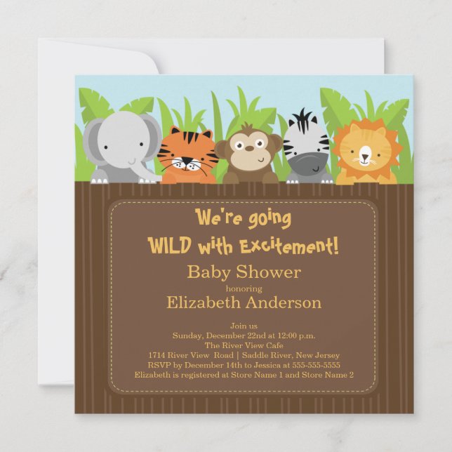 Cute Jungle Safari Animals Baby Shower Invitations (Front)