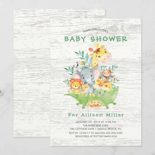 Cute Jungle Safari Animals Baby Shower Invitations (Front/Back)