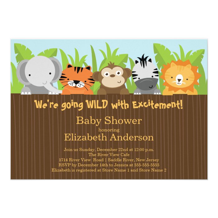 Cute Jungle Safari Animals Baby Shower Invitations