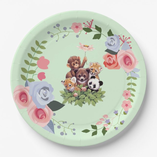 Cute Jungle Safari Animals Baby Shower Paper Plates (Front)