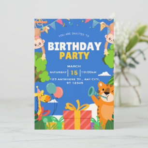 Cute Jungle Safari Animals Blue Birthday Party Invitation