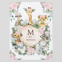 Cute Jungle Safari Animals Blush Pink Floral Girl Baby Blanket