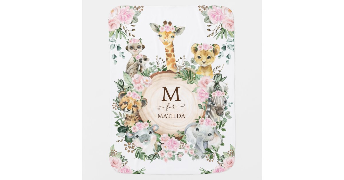 Cute Jungle Safari Animals Blush Pink Floral Girl Baby Blanket | Zazzle