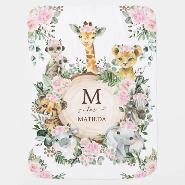 Cute Jungle Safari Animals Blush Pink Floral Girl Baby Blanket | Zazzle