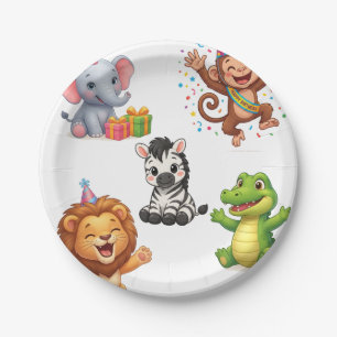 Cute Jungle Safari Animals Cartoon Train Kids Birt Paper Plates