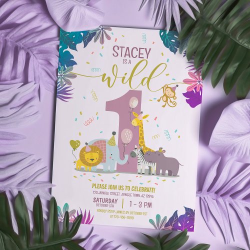 Cute Jungle Safari Animals Girls Wild One Birthday Invitation