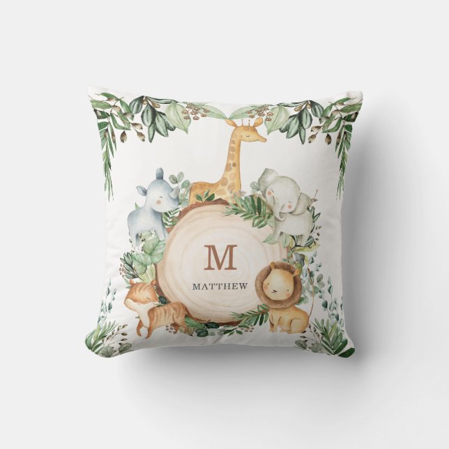 Cute Jungle Safari Animals Greenery Baby Nursery Throw Pillow (Front)