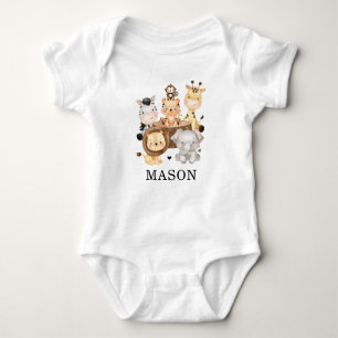 Cute Jungle Safari Animals Monogram Name Baby Bodysuit