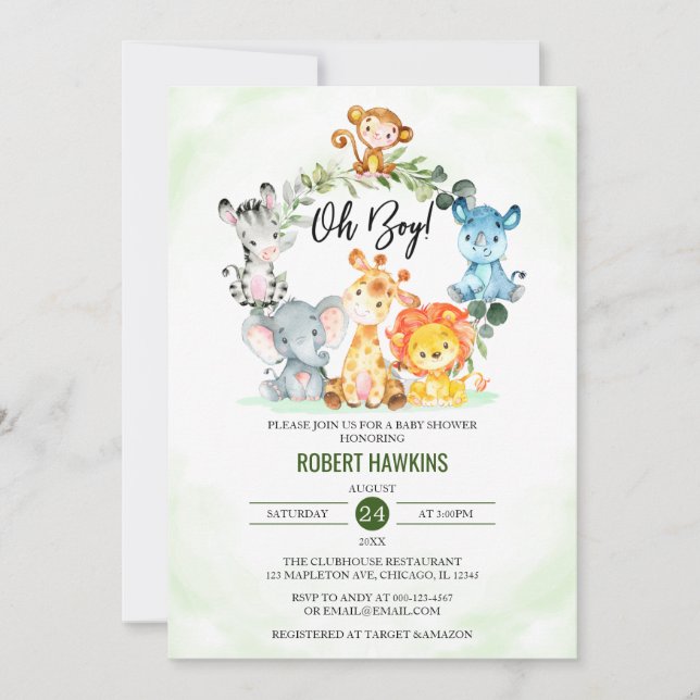 Cute Jungle Safari Animals Oh Boy Baby Shower Invitation (Front)