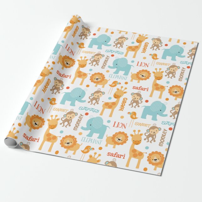 Cute Jungle Safari Animals Pattern Wrapping Paper (Unrolled)