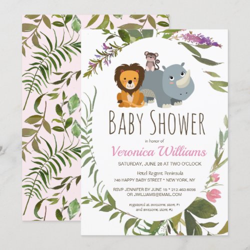 Cute Jungle Safari Animals Pink Baby Shower Invita Invitation