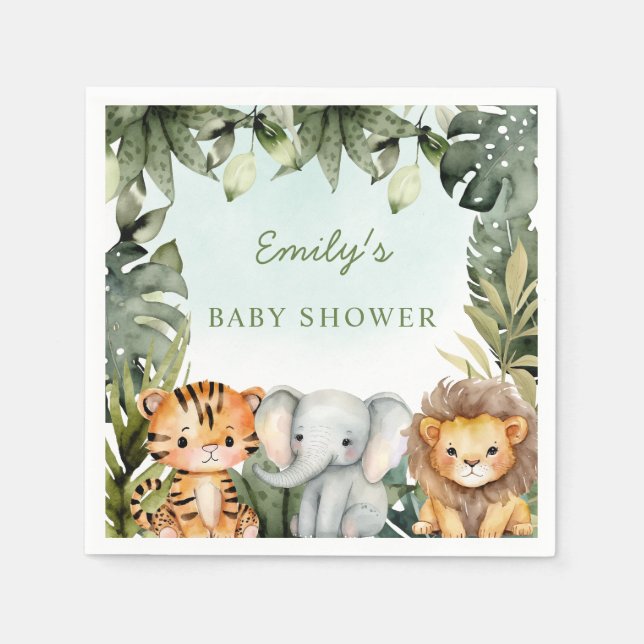Cute Jungle Safari Animals Tropical Greenery Baby Napkins (Front)