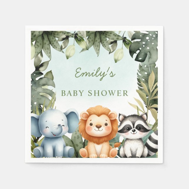 Cute Jungle Safari Animals Tropical Greenery Baby Napkins (Front)