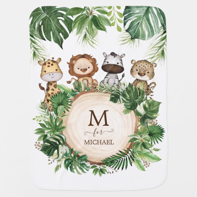 Cute Jungle Safari Animals Tropical Greenery Boy Baby Blanket (Front)