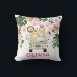 Cute Jungle Safari Animals Tropical Greenery Girl Throw Pillow<br><div class="desc">Safari themed throw pillow featuring watercolor pink flowers,  tropical greenery and a group of cute jungle animals. Personalize the pillow with your child's name!</div>