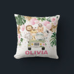 Cute Jungle Safari Animals Tropical Greenery Girl Throw Pillow<br><div class="desc">Safari themed throw pillow featuring watercolor pink flowers,  tropical greenery and a group of cute jungle animals. Personalize the pillow with your child's name!</div>