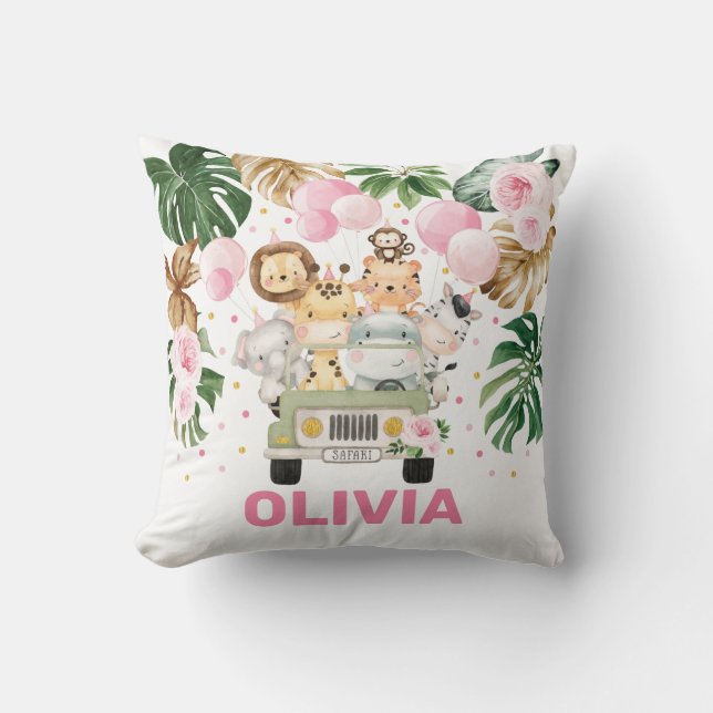 Cute Jungle Safari Animals Tropical Greenery Girl Throw Pillow (Front)