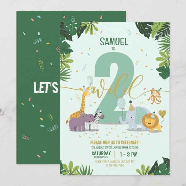 Cute Jungle Safari Animals Two Wild Birthday Invitation (Front/Back)