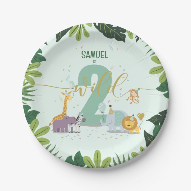 Cute Jungle Safari Animals Two Wild Birthday Paper Plates (Front)