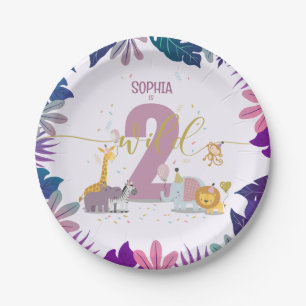 Cute Jungle Safari Animals Two Wild Girl Birthday Paper Plates