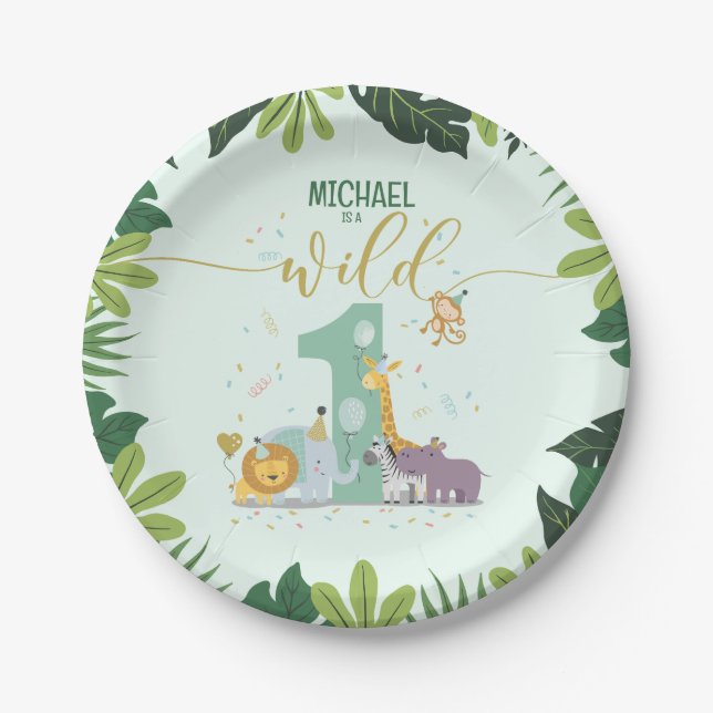 Cute Jungle Safari Animals Wild One Birthday Paper Plates (Front)