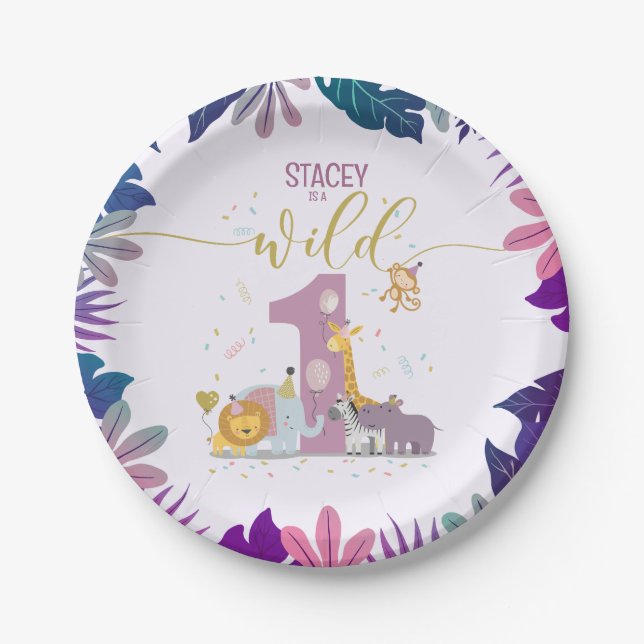 Cute Jungle Safari Animals Wild One Girl Birthday Paper Plates (Front)