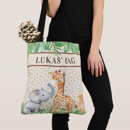 Cute Jungle Safari Baby Animals Personalized Large Tote Bag