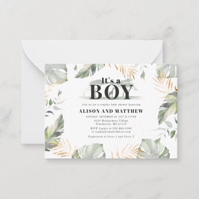 Cute Jungle Safari Baby Shower Boys Giraffe Note Card (Front)