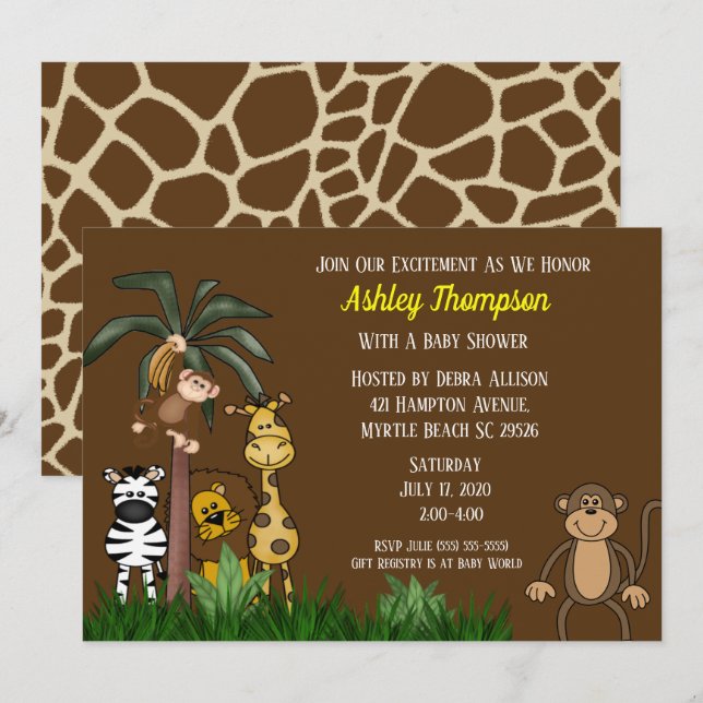 Cute Jungle Safari Baby Shower Invitations (Front/Back)