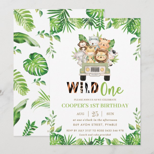 Cute Jungle Safari Car Greenery Birthday Wild One Invitation (Front/Back)