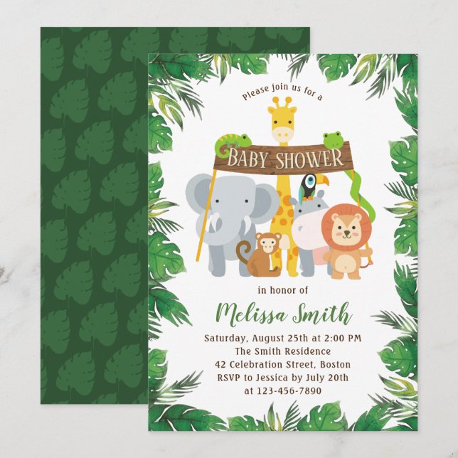 Cute Jungle Safari Forest Animals Baby Shower Invitation (Front/Back)